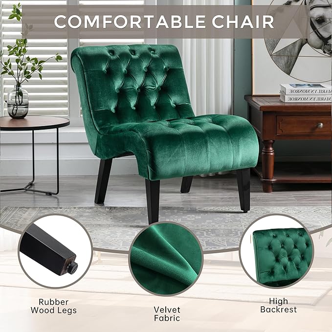 Accent Chair Living Room Reading Chairs Comfy Velvet Upholstered Mid Century Modern Accent Chair Tufted Back Armless Chair with Wooden Legs for Living Room Bedroom Office Green