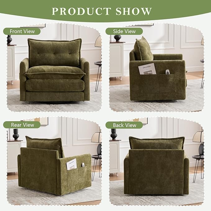 cinkehome Oversized Swivel Chair 36 Swivel Armchair Accent Chair for Living Room Mid Century Modern Thick Padded Arm Chairs Memory Foam Chenille Olive Green
