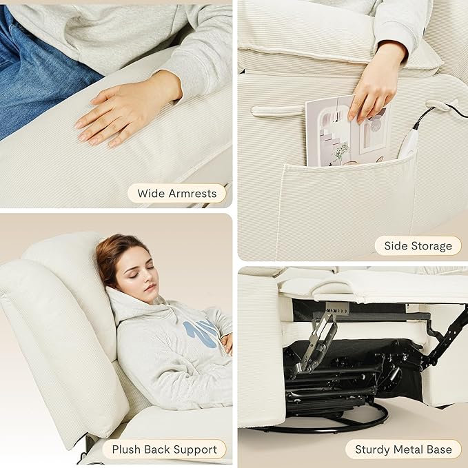 Softa Swivel Rocker Recliner for Adults Manual Reclining Chair with Massage &amp Heat Side Pocket Compact Nursery Glider Recliner for Living Room Bedroom or Apartment Beige