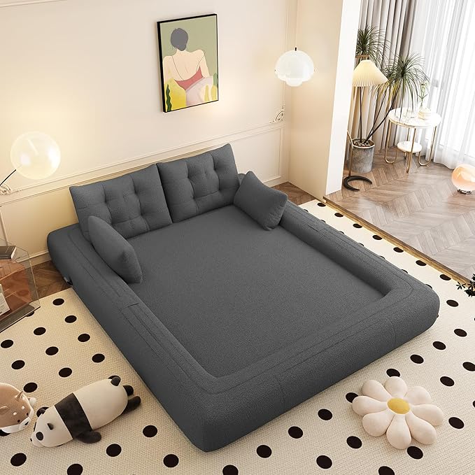 78.7 Convertible Sofa Bed 3-in-1 Folding Floor Couch with 4 Pillows Sleeper Sofa for Living Room and Guest Bed No Assembly Required (Grey Teddy Fabric)