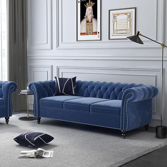 Chesterfield 3 Seater Sofa Modern Velvet Tufted Couch 3 Seater with Rolled Arms and Nailhead Mid-Century Upholstered Couch for Living Room Bedroom Apartment and Office Blue