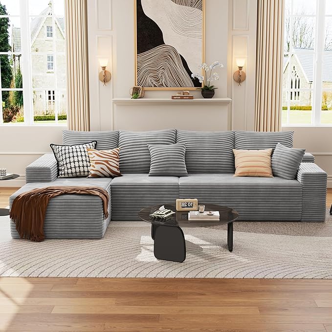 135.4 Cloud Sectional Couch with L-Shape Chaise Modern Modular 4-Seater Sofa with Deep Seat Corduroy Upholstered Couches for Living Room Bedroom No Assembly Required(Grey Left Facing)