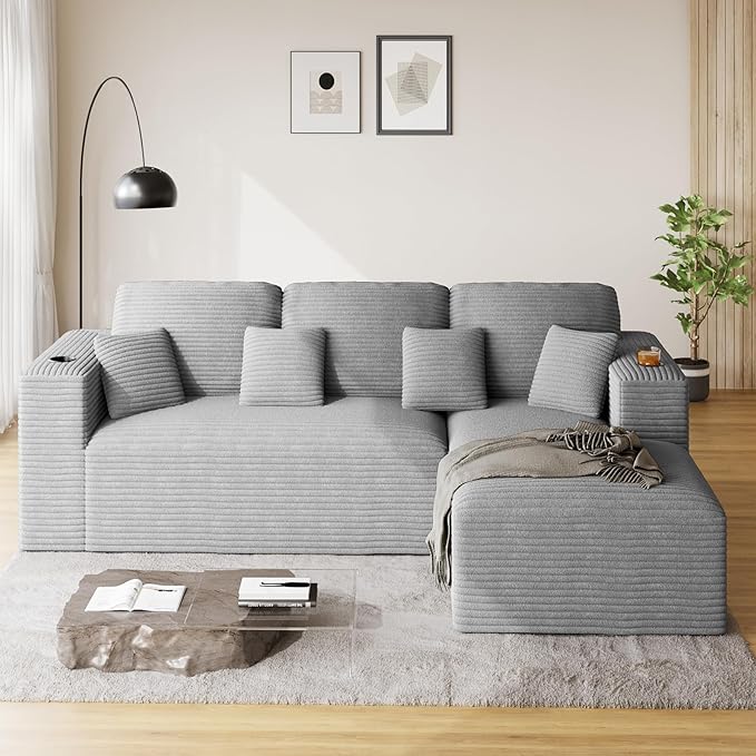 110 Modular Sectional Sofa Cloud Couch Modern Deep Seat Fluffy Corduroy Boneless Couch with Cup Holder Comfy L Shaped Sectional Couches for Living Room Bedroom. (Right Facing Grey)