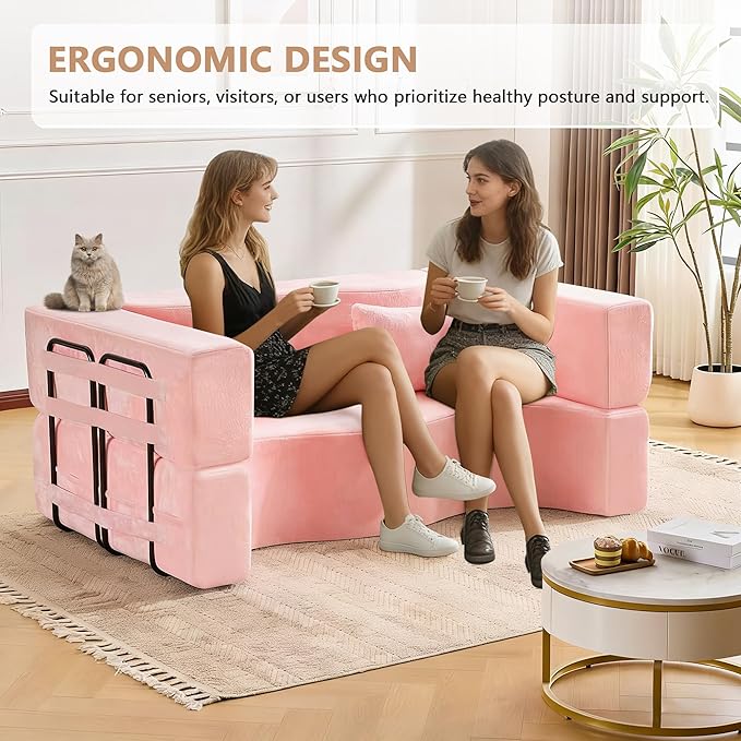 2-in-1 4 Seat Folding Sofa Bed with Pillow No Assembly Futon Twin Size Sofa Bed Breathable Velvet Convertible Couch Bed for Living Room and Guest Room 71.65 Inch Pink