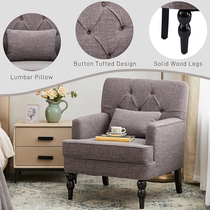 HUIMO Tufted Club Chair Set of 2Accent Chair with Lumbar Pillow Upholstered Button Armchair Fabric Sofa Chairs for Bedroom Living Room Mid Century Modern with Studded Reading Chair(2Grey)
