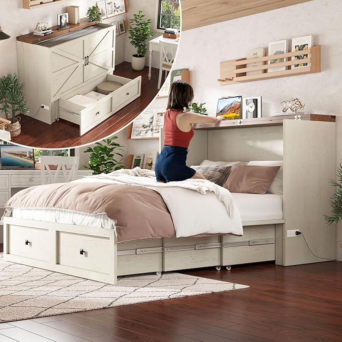 AMERLIFE Queen Murphy Bed with Storage &amp Charging Station Farmhouse Murphy Cabinet with Foldable Panel Noisy Free for Guest Bedroom Living Room Office Distressed White