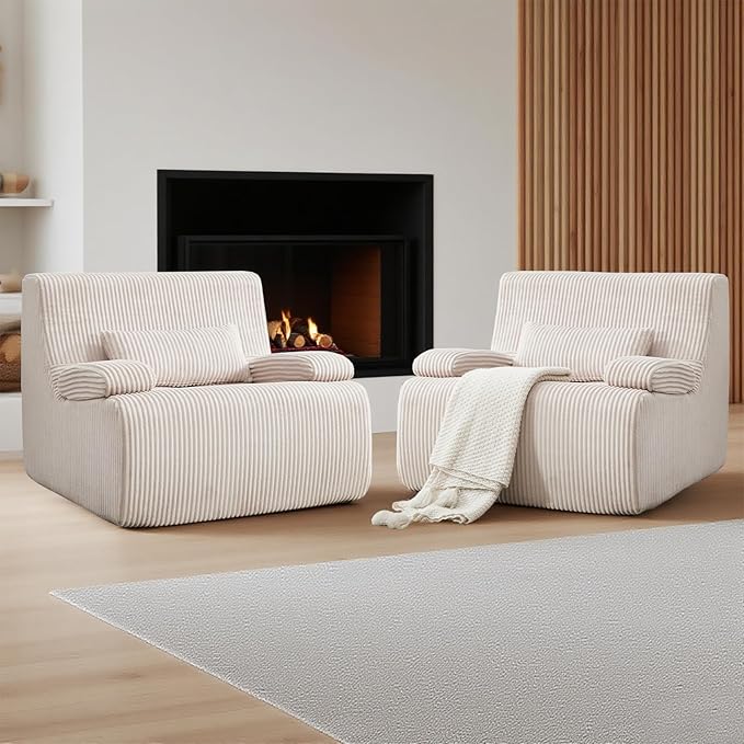 Boneless Chair for Small SpaceCorduroy Cloud Chair Foam Couch with Wide ArmrestFluffy Comfy Reading Single Sofa Chairs for Living Room Bedroom Apartment (Beige)