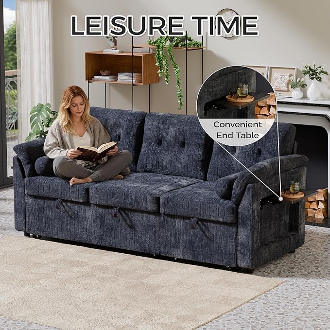 Convertible Queen Sofa Bed 63 Inch Chenille Pull Out Couch with Side Table 3 Seat Pull Out Sofa Bed with Level Adjustable Backrest Comfy Sleeper Sofas for Living Room Apartment Blue
