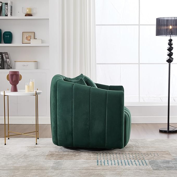 360° Swivel Barrel Chair with Curved Backrest 40 W Velvet Armchair with 3 Soft Pillows Accent Lounge Chair with Channel Tufted Design for Living Room Bedroom Studio Green