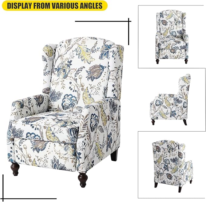 Wingback Recliner Chair Traditional Push Back Recliner Chair with Padded Seat Upholstered Wingback Chair Mid Century Modern Floral Recliner for Living Room(2 Blue Floral)