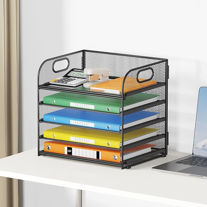 2 Pack 5-Tier Paper Organizer Letter Tray with Handle - Black Mesh Desk Paper Sorter File Organizer for Office Home or School File Folder Holder