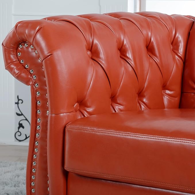 KEIKI 39 PU Leather Chesterfield Sofa with Rolled Arms &amp High Resilience Cushion Modern Style Upholstered 1-Seater Button Tufted Couch with Birch Legs Easy Assembly for Living Room Orange