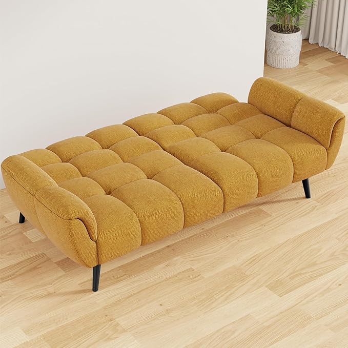 Futon Sofa Bed Convertible 77 Modern Linen Futon Couch Comfy Sleeper Sofa with Adjustable Backrests Couch Bed for Small Spaces Living Room Bedroom Apartment Golden Yellow