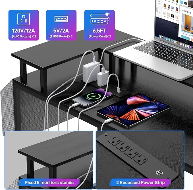 GAOMON 79 Inch u Shaped Desk with Power Outlets LED Strip &amp Monitor Stand Large Corner Computer Desk with Monitor Stand &amp with Storage Shelves for Home Office