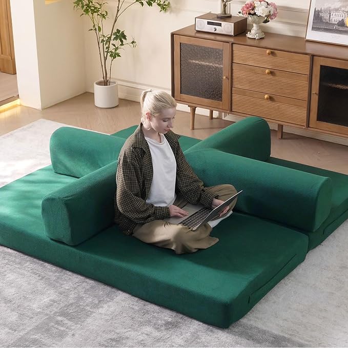 79'' Convertible Sleeper Sofa Bed 3-in-1 Foldable Floor Couch with Corduroy Upholstery No Assembly Loveseat Light Brown Lounge Mattress for Living Room Studio Guest Room (Light Green)