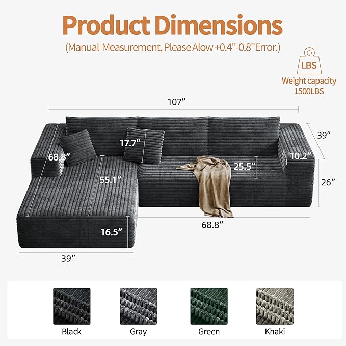 107 Modular Sectional Couches for Living Room Comfy L-Shaped Boneless Cloud Couch with Chaise Modern Deep Seat Corduroy Floor Sofa No Assembly Required (Left Facing Chaise Grey) | High-density sp