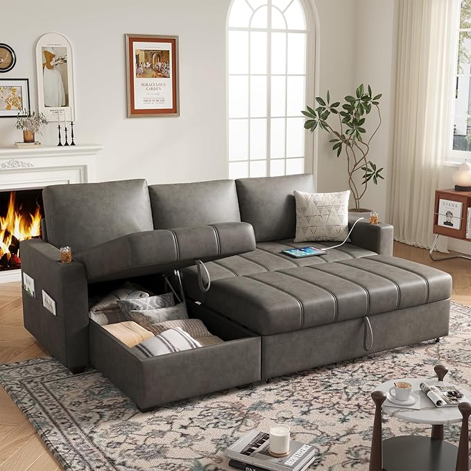 89 inch L-Shaped Sectional Sofa Sleeper with Storage Space &amp Side Pocket Anti-Scratch Faux Leather Couch Bed with USB Port &amp Cup Holder Modern Piano Design Pull Out Bed for Living Room