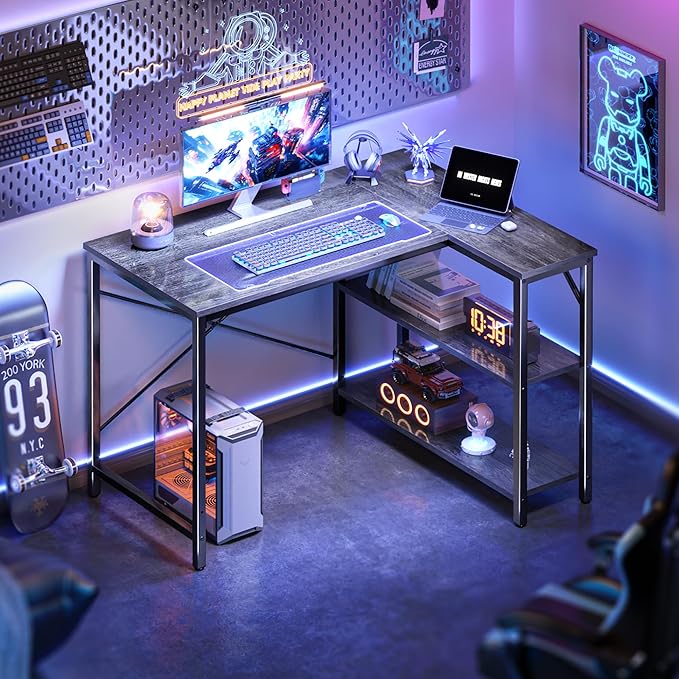Huuger L Shaped Desk 39 Inches Computer Desk with Reversible Storage Shelves for Gaming Corner Home Office Writing Study Metal Frame Gray