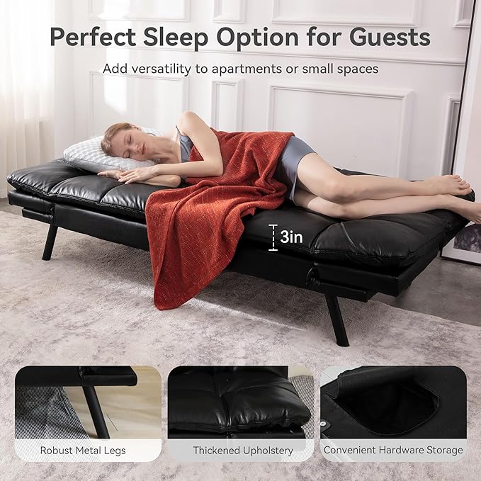 Convertible Futon Sofa Bed71 Modern Premium Faux Leather Futon Couch with Adjustable Backrest&ampArmrestSmall Loveseat Sleeper SofaDorm Futonsofa for ApartmentLiving RoomBlack