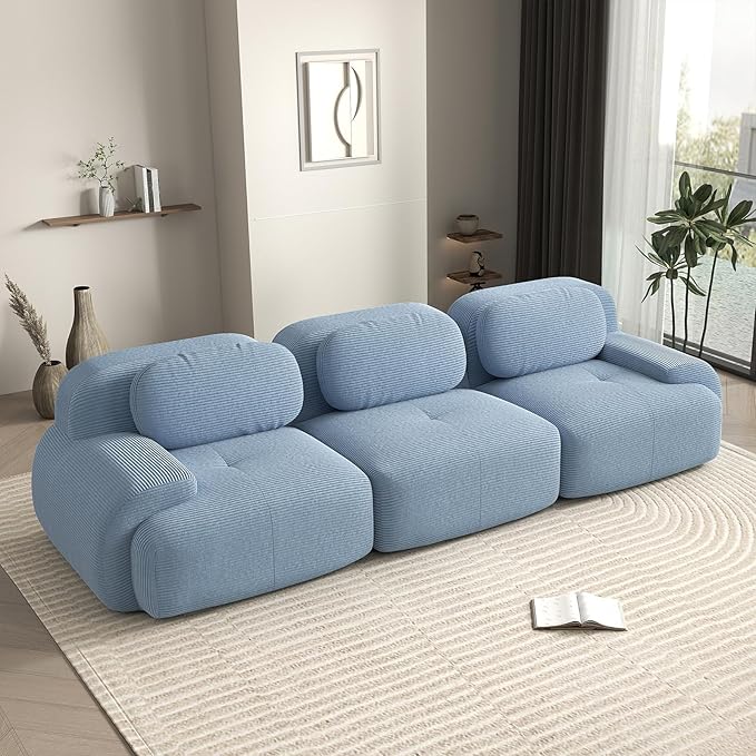 116 Modern Boneless Couches for Living Room Corduroy Cloud Couch Sectional with Deep Seat Blue Modular Sectional Sofa 3 Seater Couch for Living Room Sofas para Sala (Blue 3 Seater)