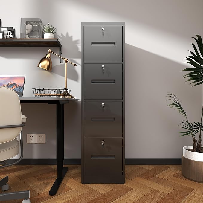 4 Drawer Metal Vertical File Cabinet with Lock for HomeOffice Under Desk Storage Small Filing Cabinet Organizer with Locking DrawersLetter/Legal/A4/F4 SizeAssemble RequiredBlack