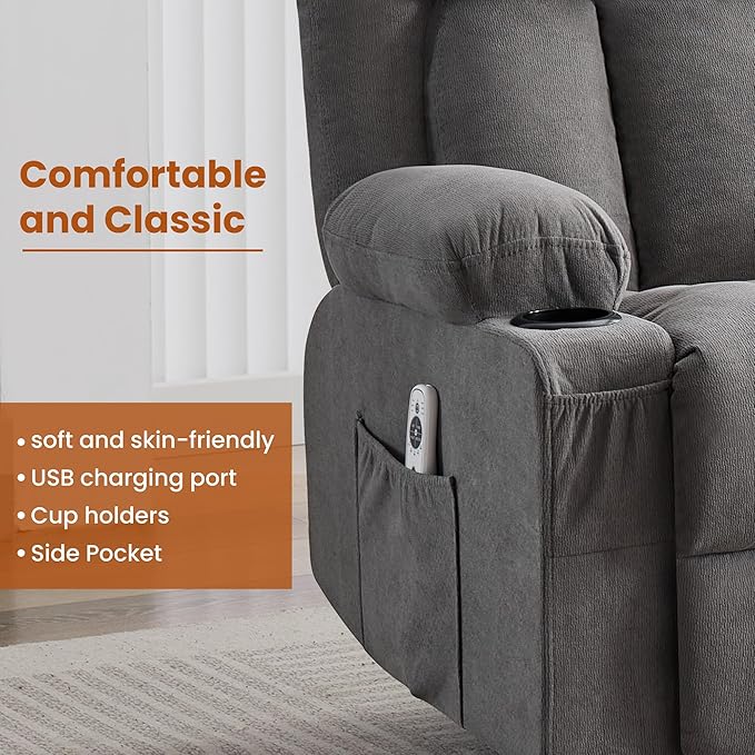 Massage Recliner Chair with Vibration Massage and Lumbar Heating for Living Room Swivel Rocker Recliners Single Sofa with Side Pocket &amp 2 Cup Holders Soft Comfort Ergonomic Design (Grey)