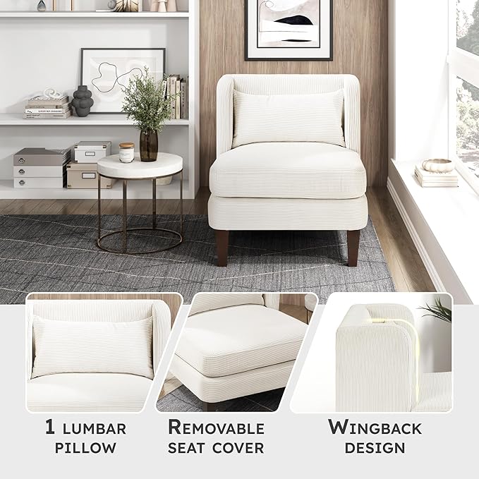 Lexicon Armless Living Room Accent Chair Corduroy Fabric Upholstered Single Sofa Chair with Pillow Solid Wood Legs Wing Back for Bedroom/Office/Waiting Area Beige