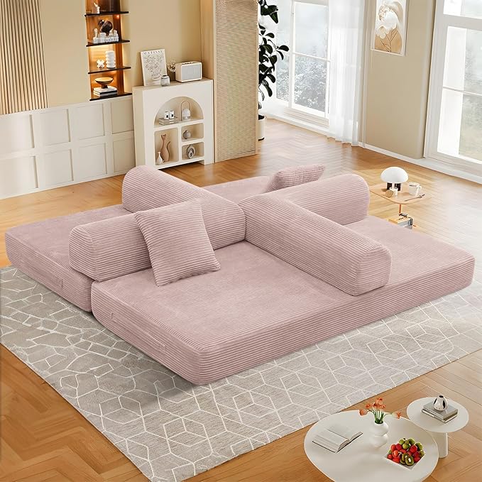 78 Convertible Sleeper Sofa Bed with Cylindrical Pillow Corduroy Folding Mattress Couch with Fixed Frame Floor Sofa Lounge Couch for Living Room Bedroom Apartment Pink