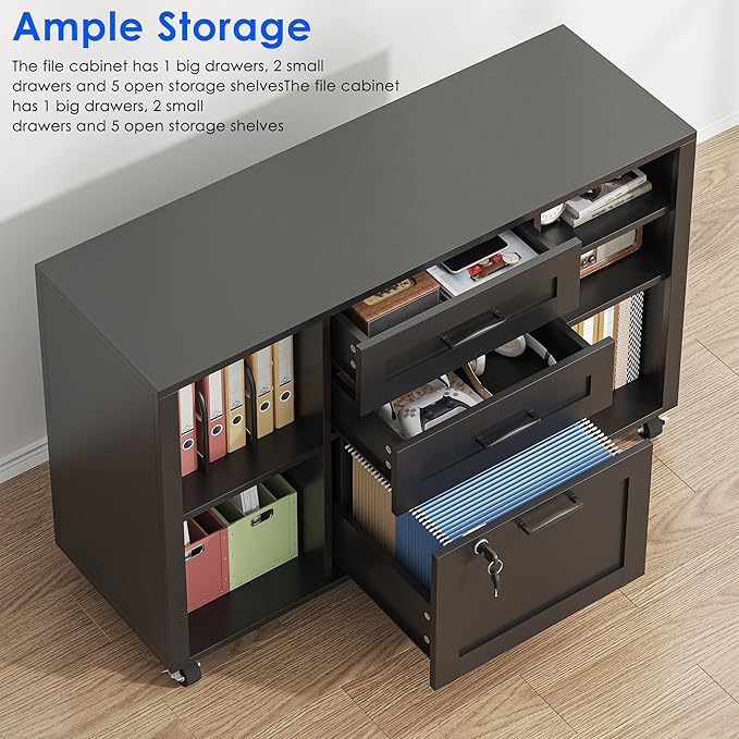 3 Drawer Wood Mobile Large lateral File Cabinet with Lock Lockable Rolling Filing Cabinet with Open Storage Shelves Printer Stand Office Storage for Home Office Fits Files Legal/A4 Black