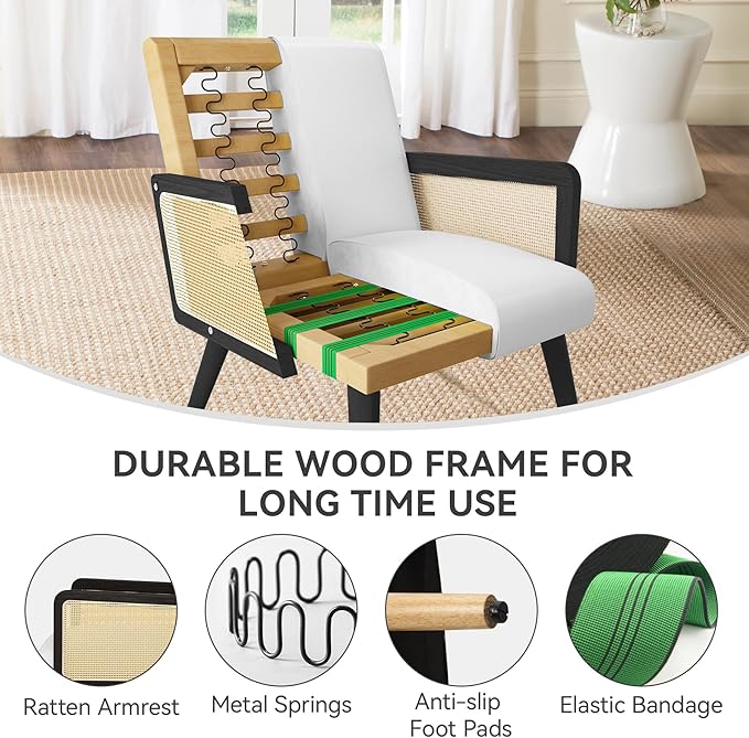 Accent Chair with Rattan Arms Living Room Chairs with Wood Legs Modern Armchair for Bedroom Lounge Chair Indoor for Reading Room Kitchen White