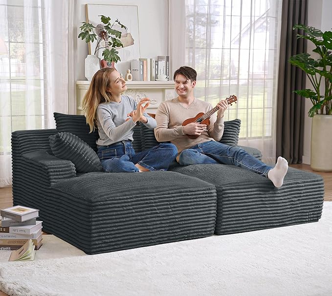 Oversized Chaise Lounge Chair Indoor Modern 78-inch Upholstered Corduroy Love Seat Sofa Bed with 4 Throw Pillows and Armrests Double Modular Sleeper Sofa Couch for Living Room Bedroom Dark Grey