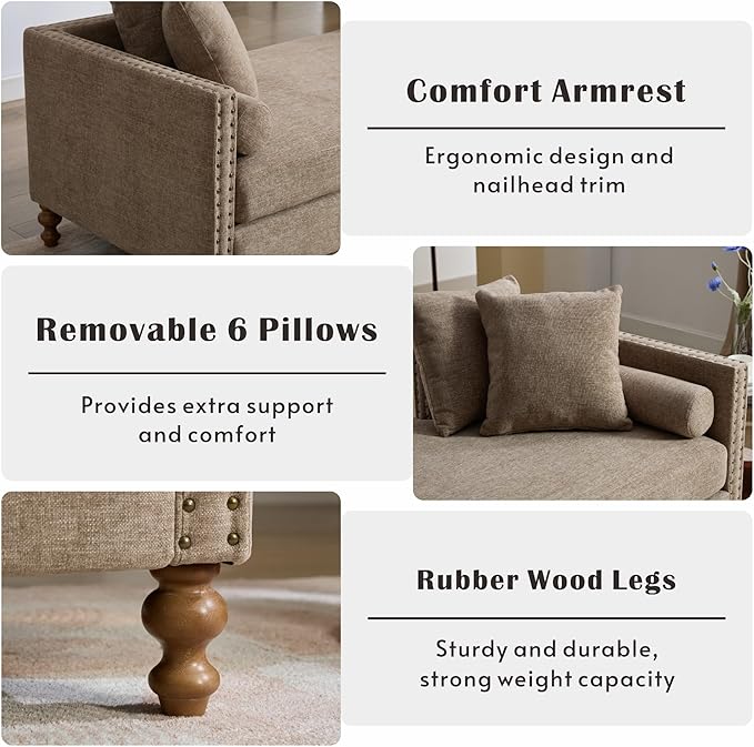 Mlmh &amp Kngwa 75 Upholstered Oversized Chaise Lounge Chair Indoor with Armrests &amp 6 Pillows &amp Solid Wood Legs for Bedroom Living Room ChenilleTaupe