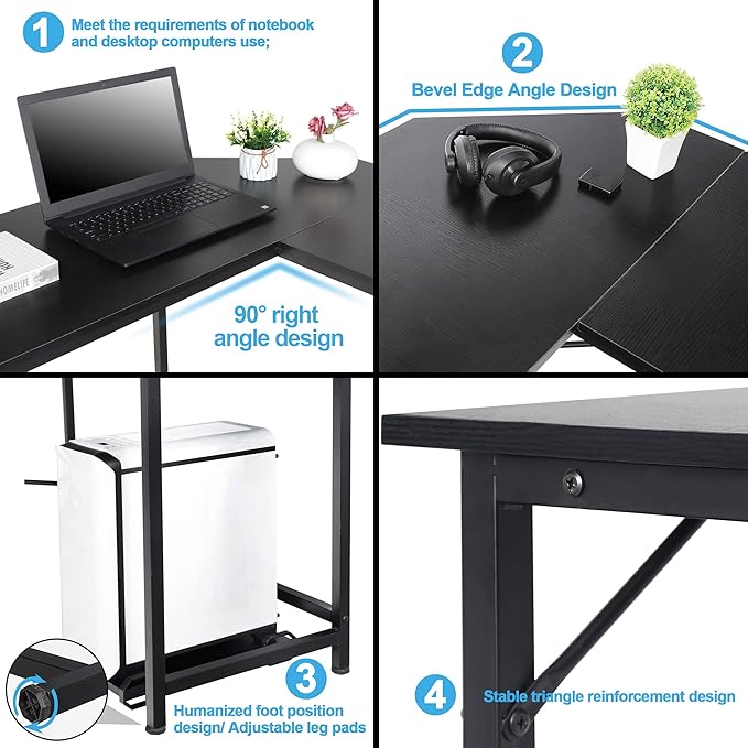 Modern L-Shaped Home Office Gaming Desk PC Table Writing Desk with CPU Stand Sturdy Writing Workstation Space-Saving Easy to Assemble for Office Dormitory Study Living Room (Black)