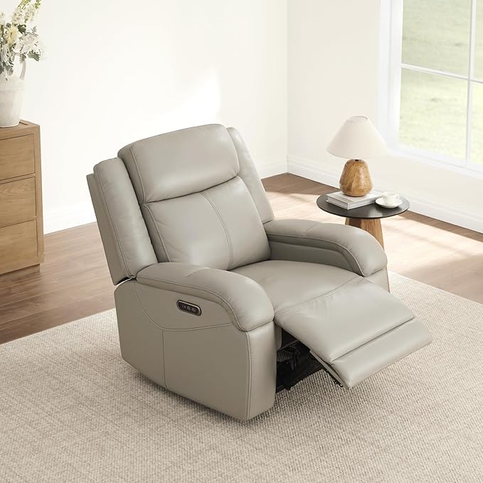 Watson &amp Whitely Genuine Leather Power Recliner Chairs for Adults Wall Hugger RV Recliner with Power Headrest &amp Charging Ports Electric Recliner Sofa Chair for Living Room Grey