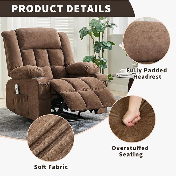 Massage Recliner Chair for Adults with Vibration Lumbar Heat Wide Large Ergonomic Reclining Sofa with 8 Massage Nodes 3 Positions Side Pockets Cup Holders