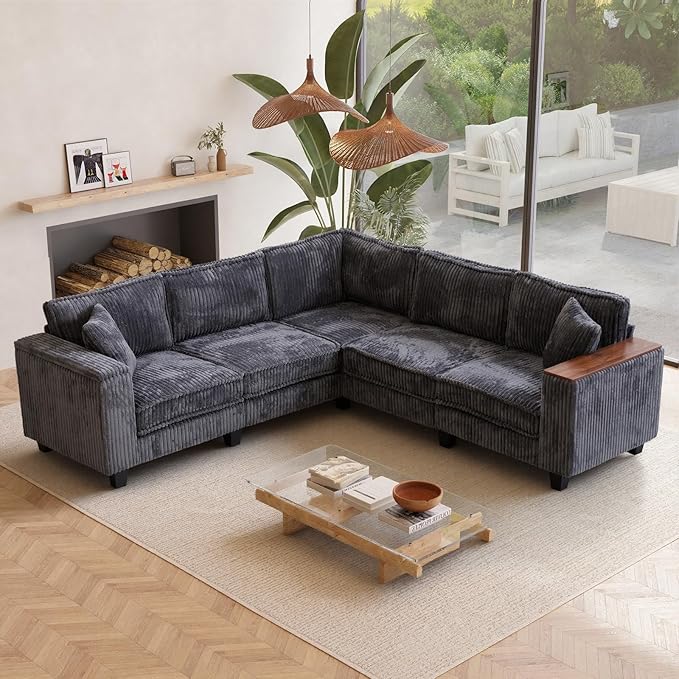 97” Modular Sectional Sofa Corduroy Couch Sectional with 2 Pillows Oversized Sectional Sofa L Shaped Couch Armrests with Two Hidden Storage Space Sectional Couches for Living Room Grey
