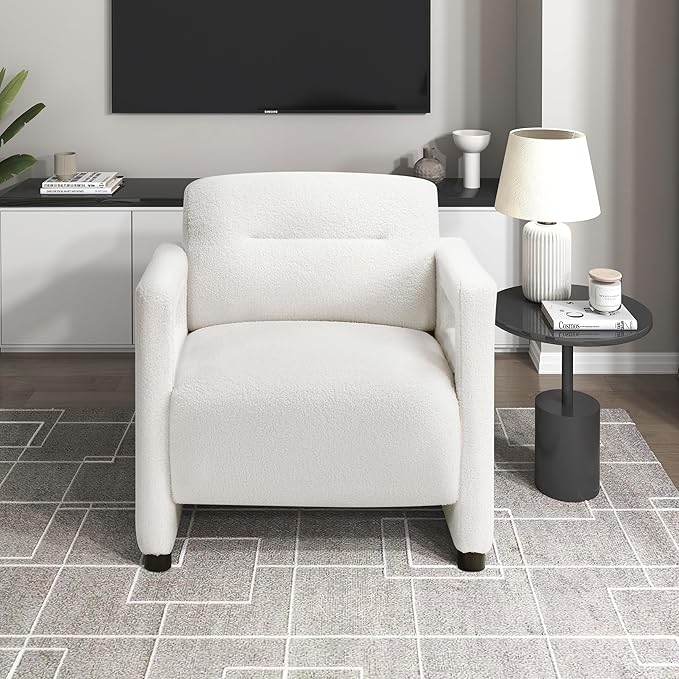 Lexicon 30 W Modern Accent Chair Boucle Fabric Upholstered Living Room Chair with Wrapped Square Armrests for Living Room/Bedroom Beige
