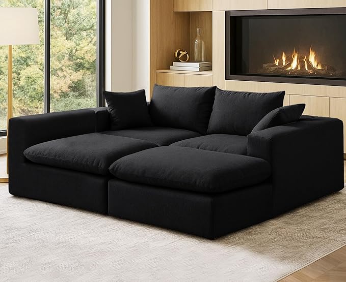 91.34 No Assembly Required Sectional Couch Modern 6-Piece Frameless Modular Sofa with Ottoman Deep Seat Cloud Couches for Living Room Oversized Chenille Comfy Sofa Black