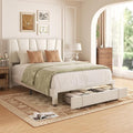 Queen Bed Frame with Storage Drawers Upholstered Queen Size Platform Bed with 47 Tall Headboard and Wingboard No Box Spring Needed Noise Free Easy Assembly Wooden Support Slats Beige