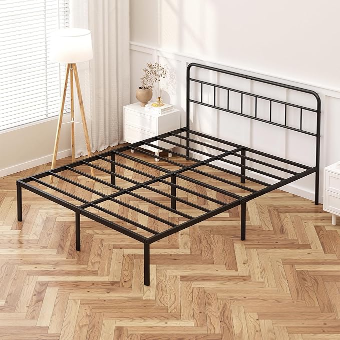 12 inches Full Size Bed Frame with Minimalist headboardMetal Platform Base with Strong Metal SlatsMattress Foundation for Under Bed StorageEasy AssemblyBlack