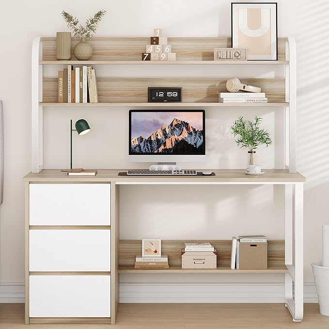 Computer Desk with 3 Drawers and Shelves 55 Inch Desk with Hutch for Small Spaces Study Writing Desk with Shelves for Bedrrom Adjustable Feet Walnut