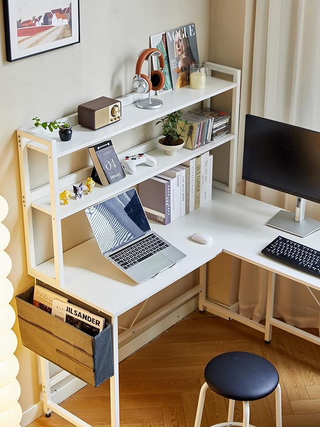 94.5 Inch Home Office Desk L Shape Gaming Desk with Storage Shelves and Stool