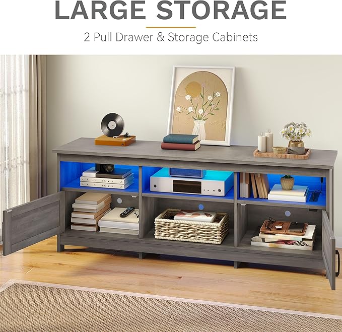 DWVO Farmhouse TV Stand with Power Outlets &amp LED Lights Entertainment Center for TVs up to 80 TV Console with Storage Cabinets &amp Open Shelves for Living Room (Washed Grey)