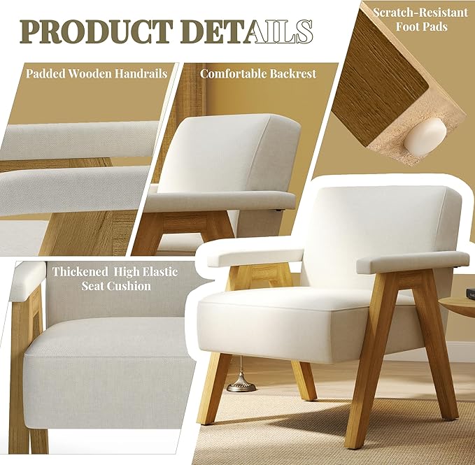 Mid-Century Accent Chair Linen Fabric Upholstered Lounge Armchair with Solid Wood Frame Modern Reading Chair for Living Room Bedroom Apartment – Ivory White
