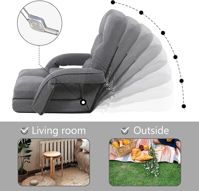 Indoor Floor Chair with Armrest and Pillow Folding Chaise Lounge Sofa 14-Position Adjustable Comfy Gaming Recliner Chair Padded Seats for Adults (Grey)