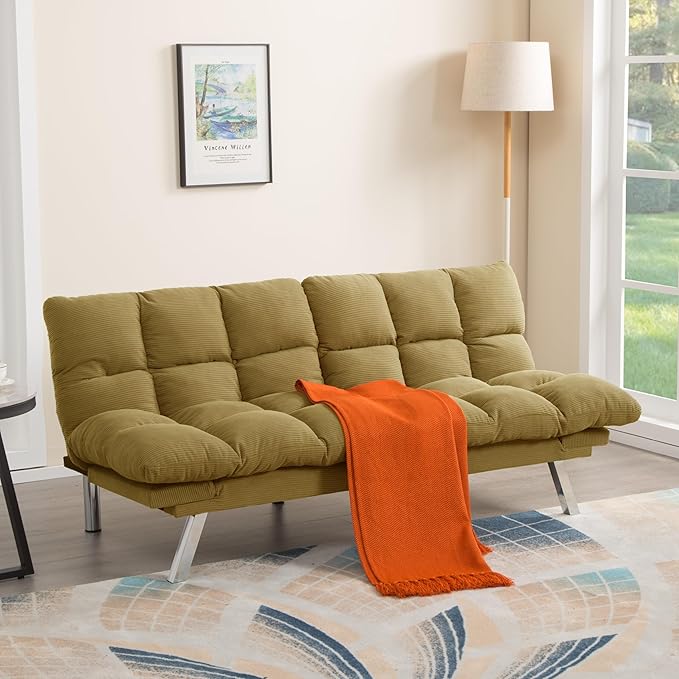 67” Convertible Futon Couch Bed Adjustable Pillow Top Arm Memory Foam Cloud Futons Loveseat Modern Light Gray Corduroy Mini Small Sofa Couches for Living Room