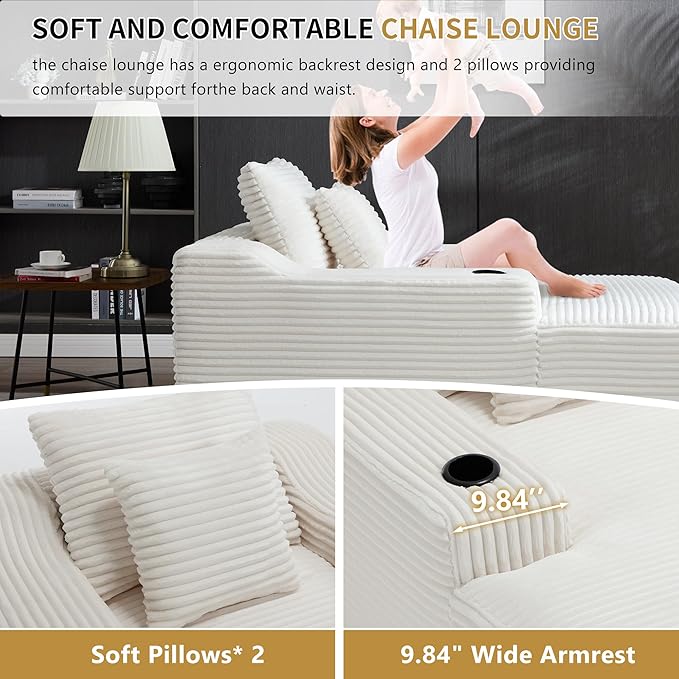 67inch Chaise Lounge Chair Indoor Upholstered Corduroy Couch with 2 PillowsComfy Fluffy Cloud CouchSingle Sleeper Sofa Chair for Livingroom (White 46.5W X 67D with Cup Holder)