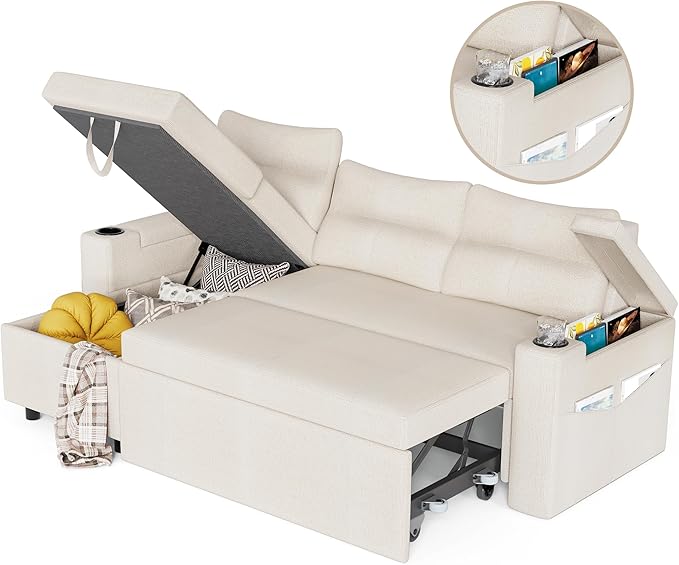 Pamapic 81 Sleeper Sofa with Armrest StorageL-Shaped Sofa with Supportive CushionsCup HoldersSide PocketsPull Out Sleeper Sofa BedPullout Sectional Sofa Couch with Large StorageBeige