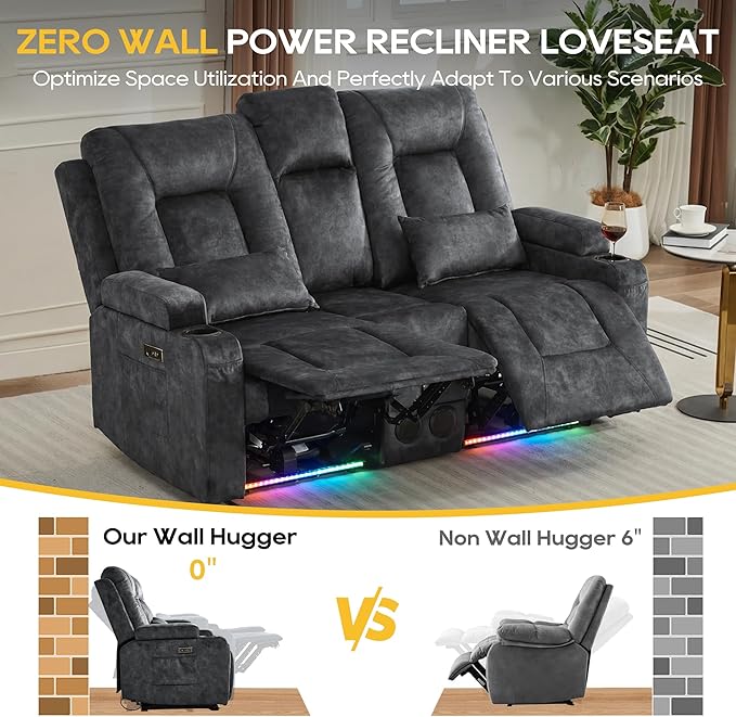 IPKIG Power Recliner Loveseat with Console Zero Wall Hugger Sofa Couch Velvet 2-Seater Sofa with LED Lights AC Outlets USB Ports Cup Holders Grey | Storage Drawer Bluetooth Speaker Living Room