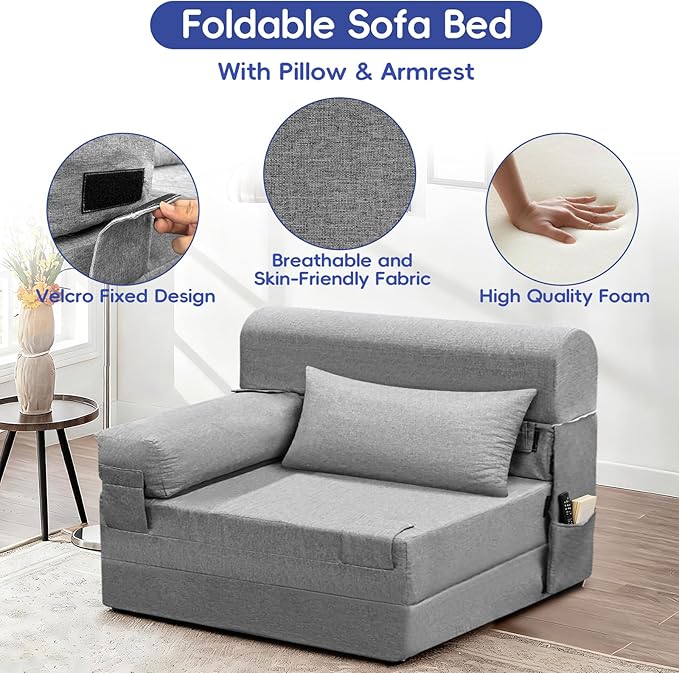 Convertible Folding Sofa Bed-Sleeper Chair with Pillow and Armrest Modern Linen Fabric Floor &amp Futon Sofa Bed Foldable Memory Foam Couch for Living Room/Home Office Single Size Light Gray